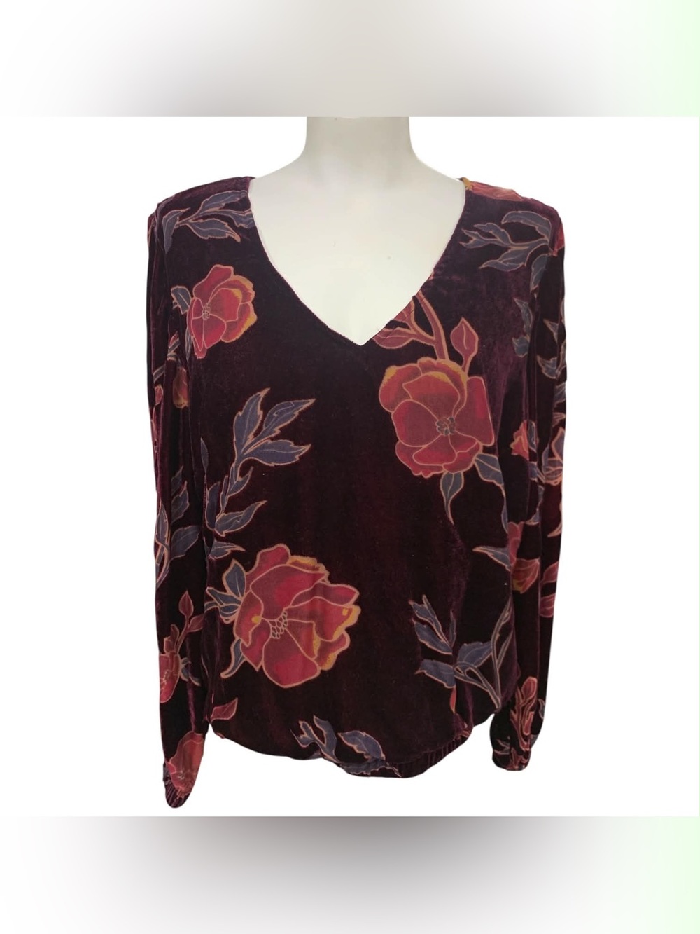 cleo Burgundy Floral V-Neck Long Sleeve Top Size M